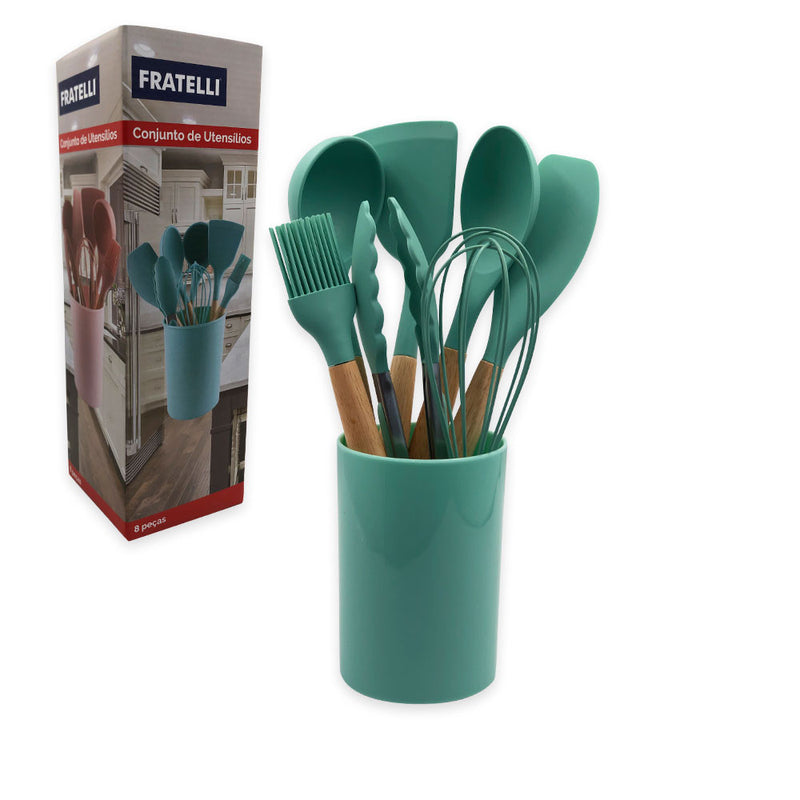 Conjunto de Utensilios Silicone 8 Peças - Verde Escuro