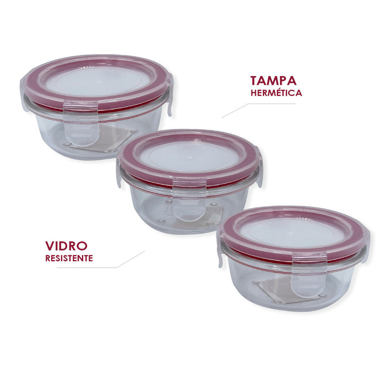 Conjunto 3 Potes de Vidro com Tampa Hermética Redondo - 150ml