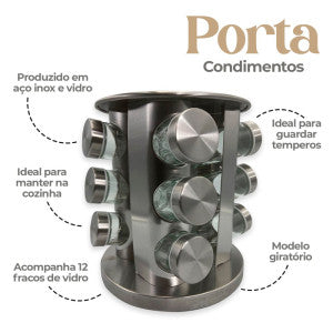 Porta Condimentos Giratório Plástico Preto com 12 Potes