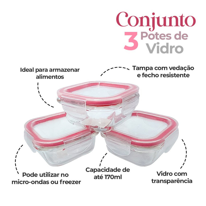 Conjunto 3 Potes de Vidro com Tampa Hermética 170ml - Quadrado