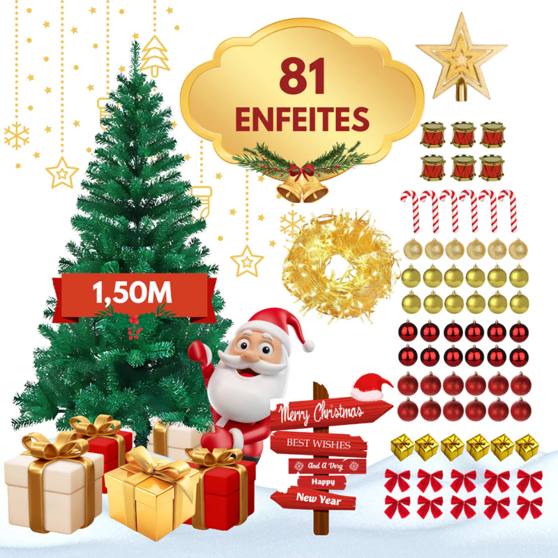 Árvore de Natal Pinheiro Premium 1,20m Decorada com 200 Galhos + Kit Completo com Enfeites e Pisca