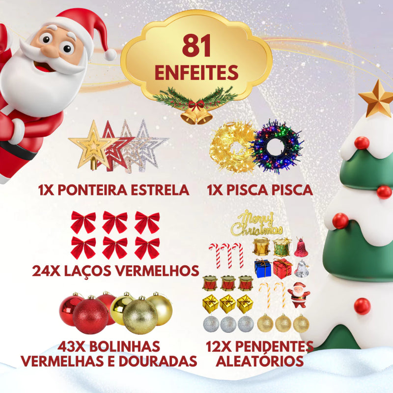 Árvore de Natal Pinheiro Premium 1,20m Decorada com 200 Galhos + Kit Completo com Enfeites e Pisca